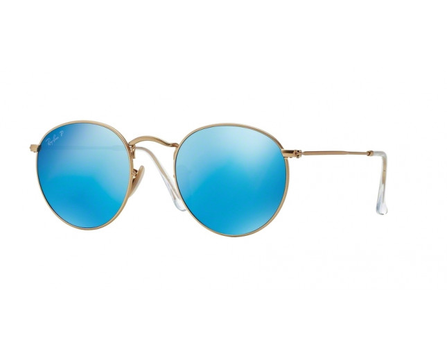 Ray-Ban Round Metal Flash Lenses Matte Gold Blue Mirror Polar - RB3447  112/4L - Sunglasses - IceOptic